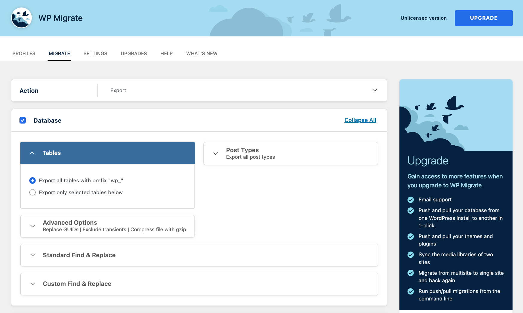Selecting database tables to migrate in WP Migrate Lite. 