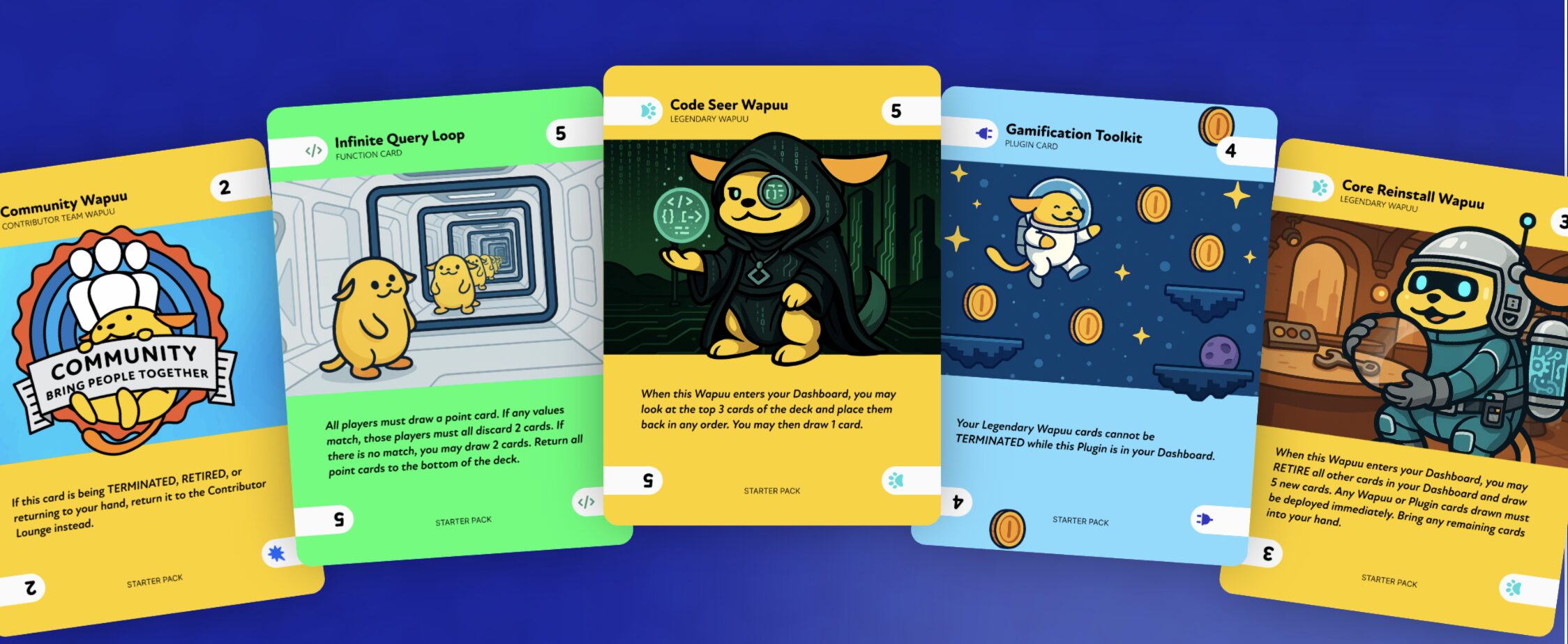 A selection of cards from the "Unleash the Waapu" card game. 