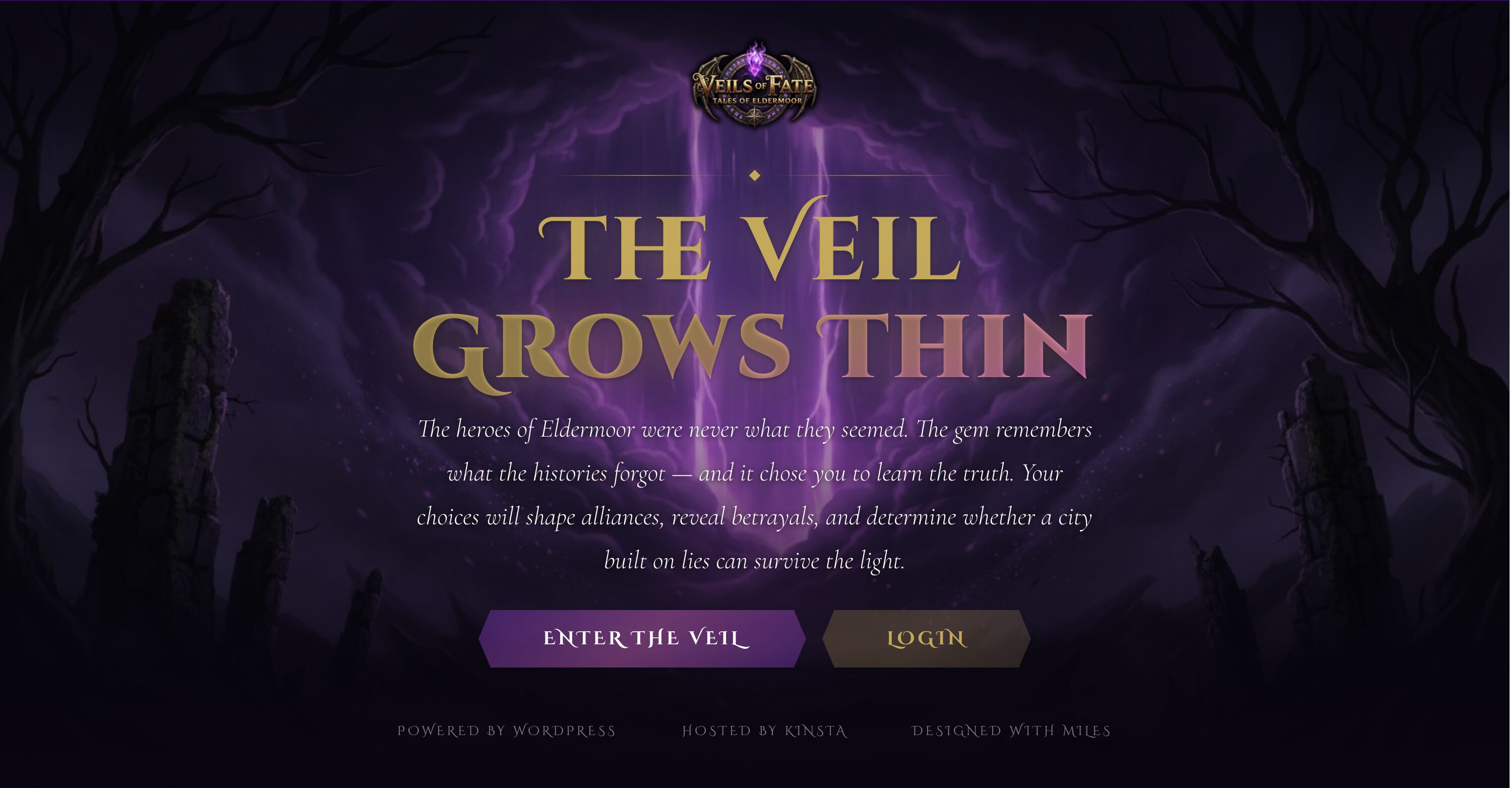The home page of Veils of Fate. 