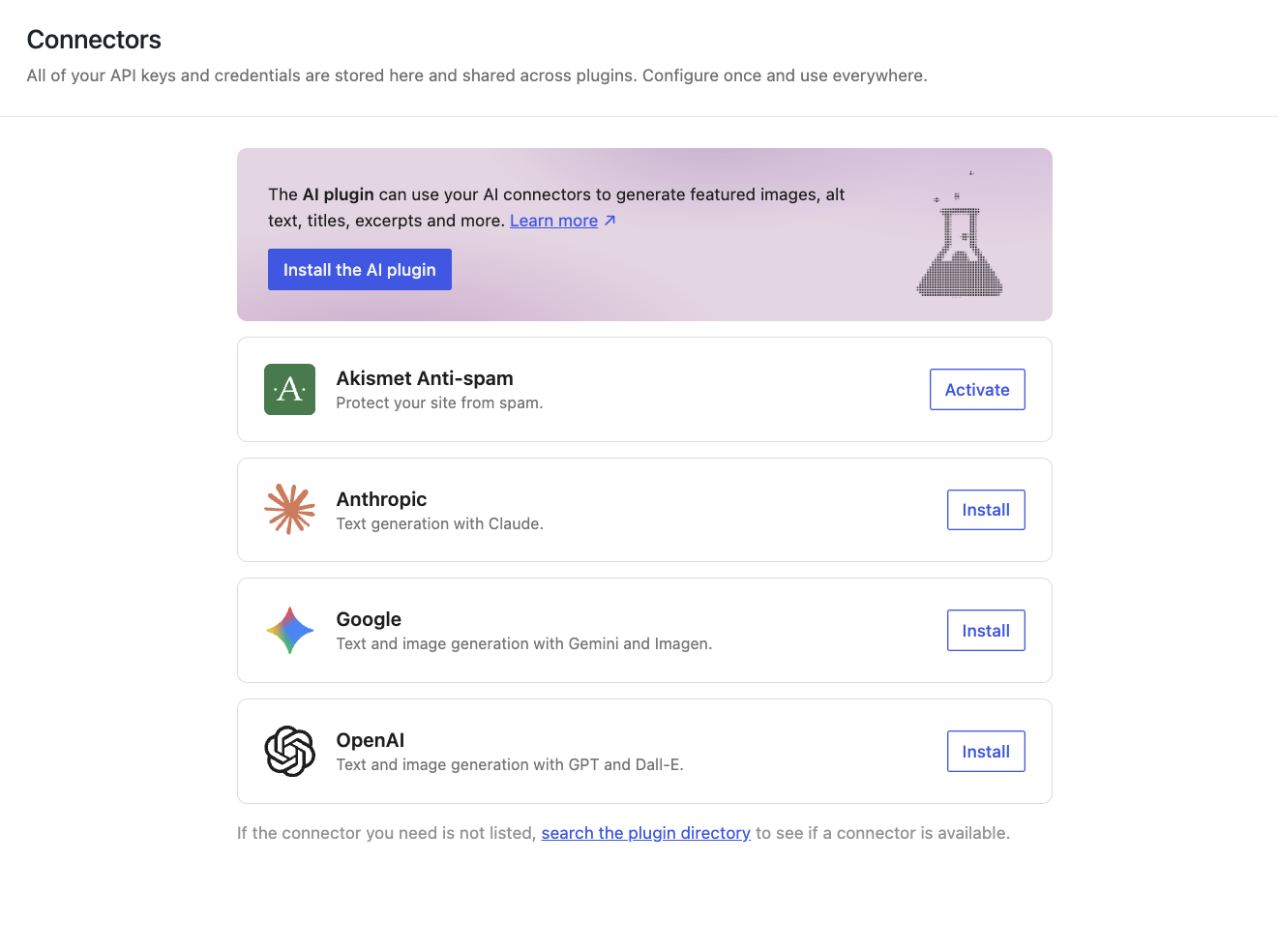 A screenshot of the "Connectors" screen in WordPress 7.0.